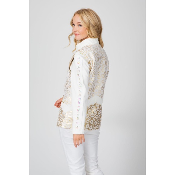 Berek Women's White Vest Size M Zip Up Gold Kisses Lips Print Zipper Pockets NWT - Picture 2 of 2